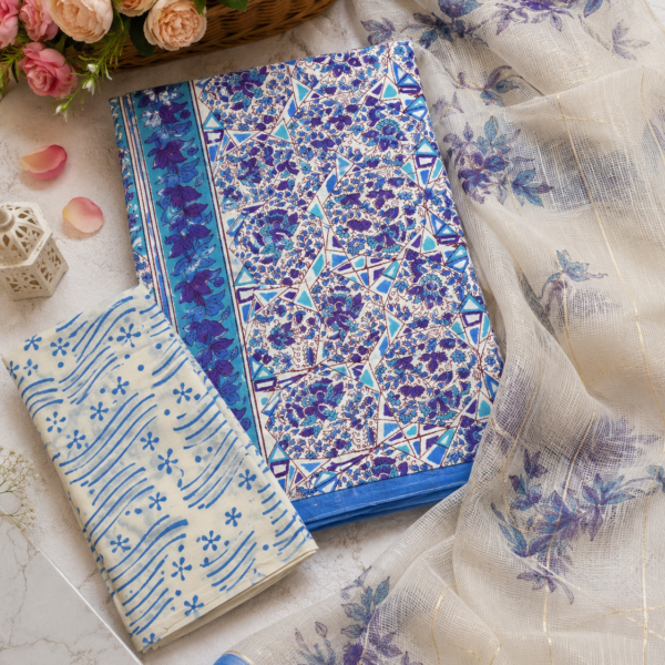 Premium Floral Hand Block Print Cotton Suit With Kota Doria Dupatta