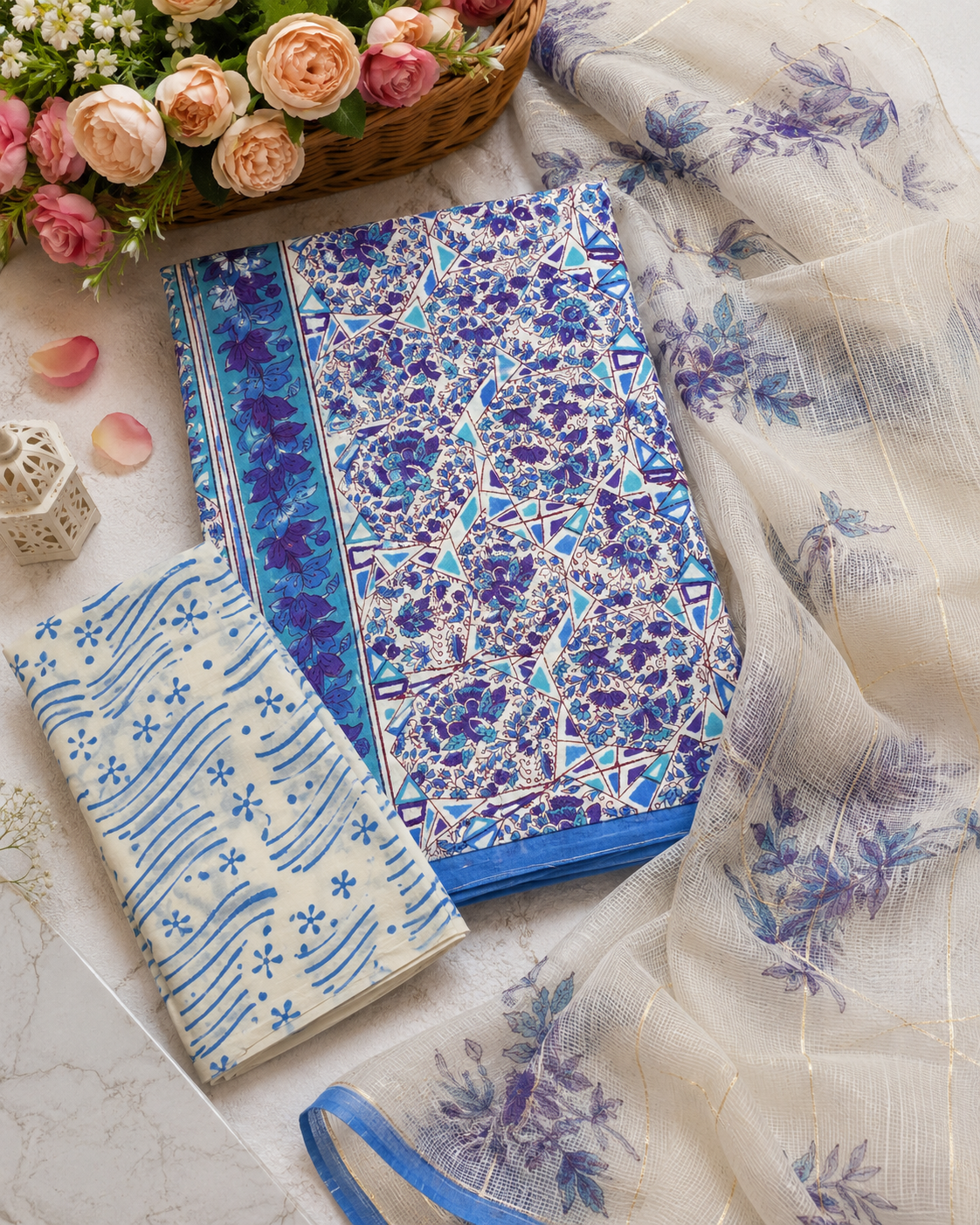 Premium Floral Hand Block Print Cotton Suit With Kota Doria Dupatta