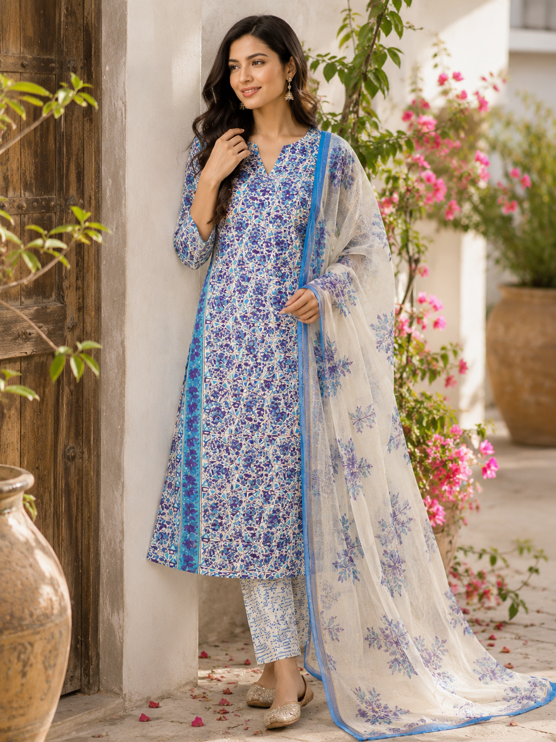 Premium Floral Hand Block Print Cotton Suit With Kota Doria Dupatta - Image 4