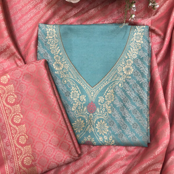 green color woolen kashmiri kani work unstitched suit fabric with stole