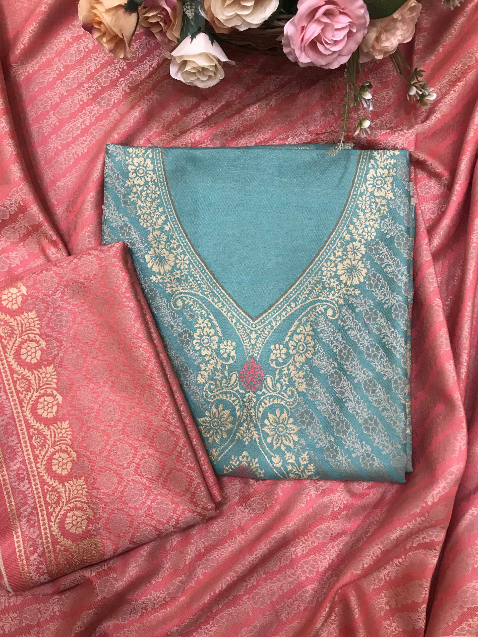 green color woolen kashmiri kani work unstitched suit fabric with stole green color woolen kashmiri kani work unstitched suit fabric with stole