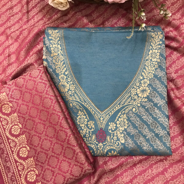 green color woolen kashmiri kani work unstitched suit fabric with stole