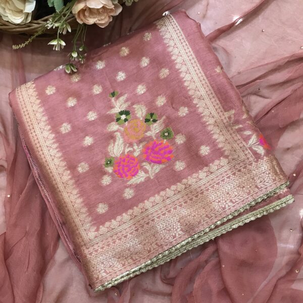 Home pastel pink chanderi silk banarasi suit with meenakari work