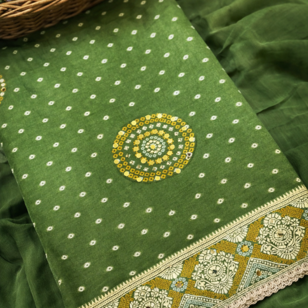 Home beautiful grass green chanderi silk suit with bandhani print and mirror work