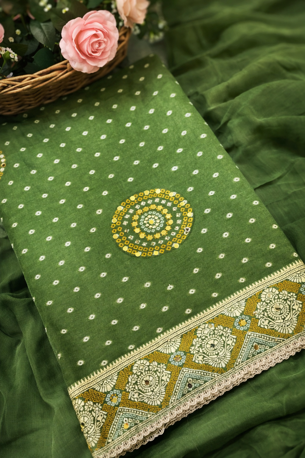 beautiful grass green chanderi silk suit with bandhani print and mirror work beautiful grass green chanderi silk suit with bandhani print and mirror work