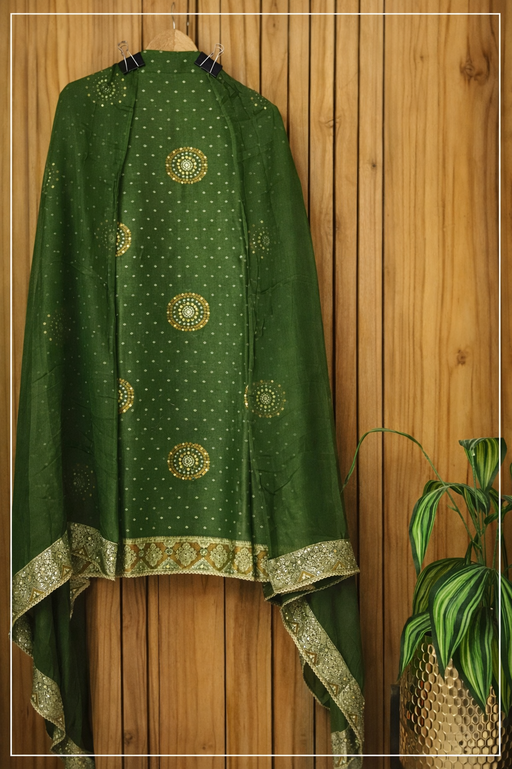 beautiful grass green chanderi silk suit with bandhani print and mirror work beautiful grass green chanderi silk suit with bandhani print and mirror work