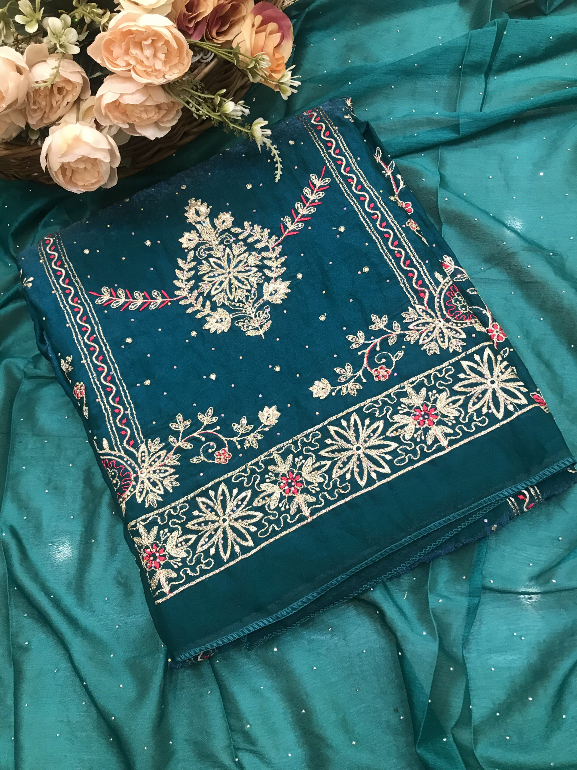 deep teal green crushed tissue silk suit with golden zari and thread work deep teal green crushed tissue silk suit with golden zari and thread work