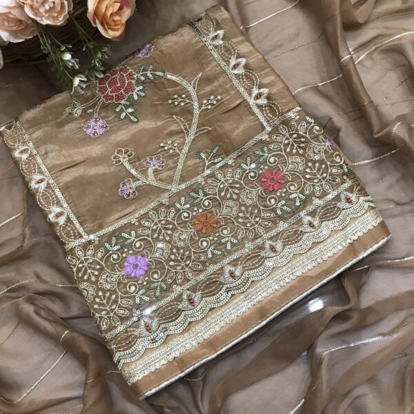 Home metallic golden crushed tissue silk suit with zari and multi colour thread work