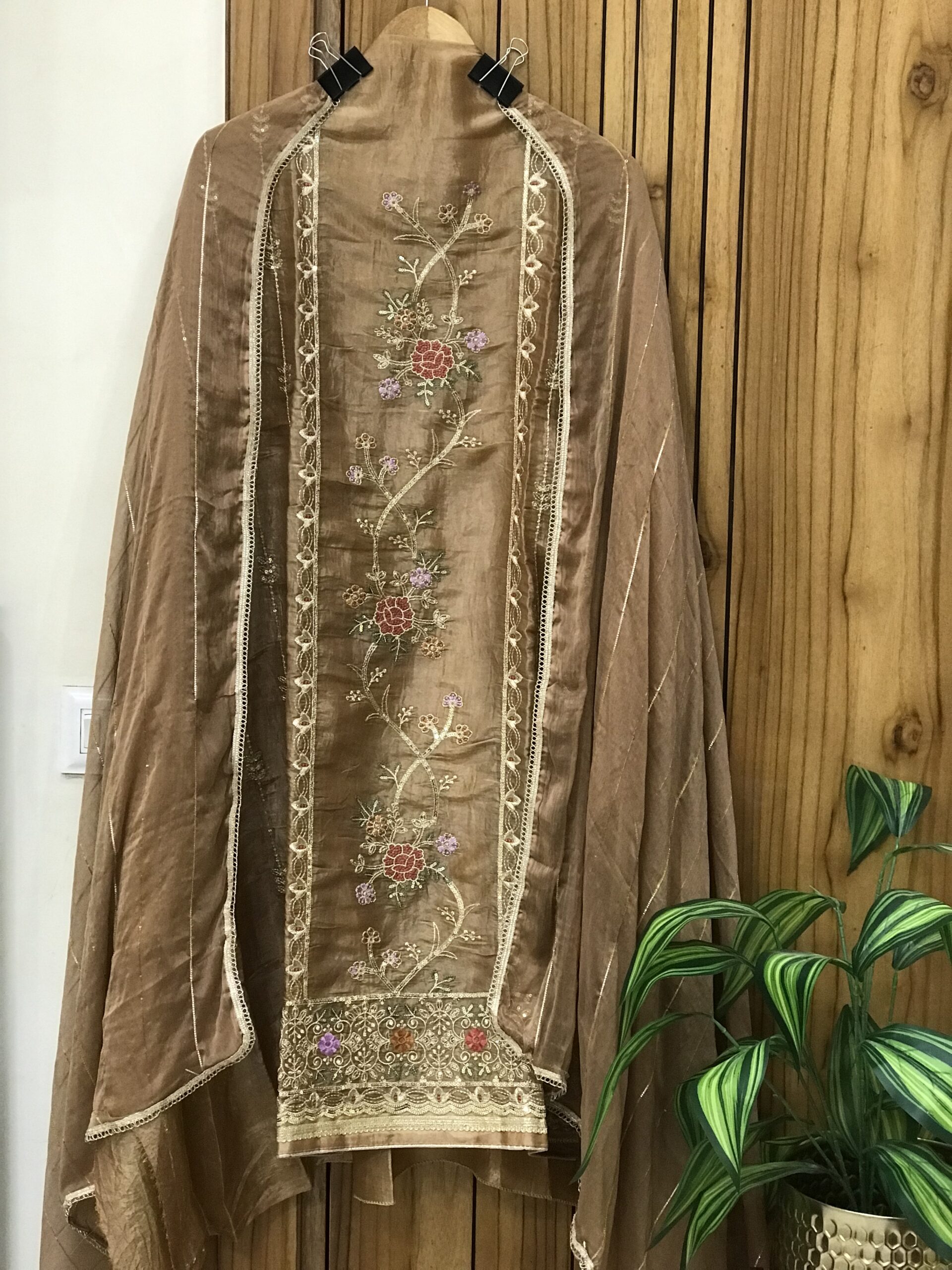 metallic golden crushed tissue silk suit with zari and multi colour thread work metallic golden crushed tissue silk suit with zari and multi colour thread work