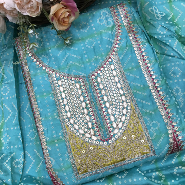 exclusive bandhani print chanderi silk suit set with gota patti, sequence & zari work