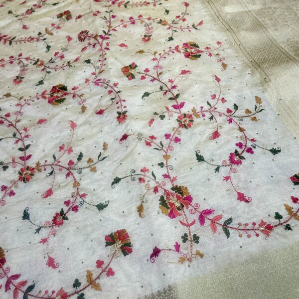 beautiful ivory color premium organza saree with meenakari jal work