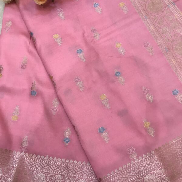 blush pink soft banarasi silk saree with meenakari work and golden zari booti