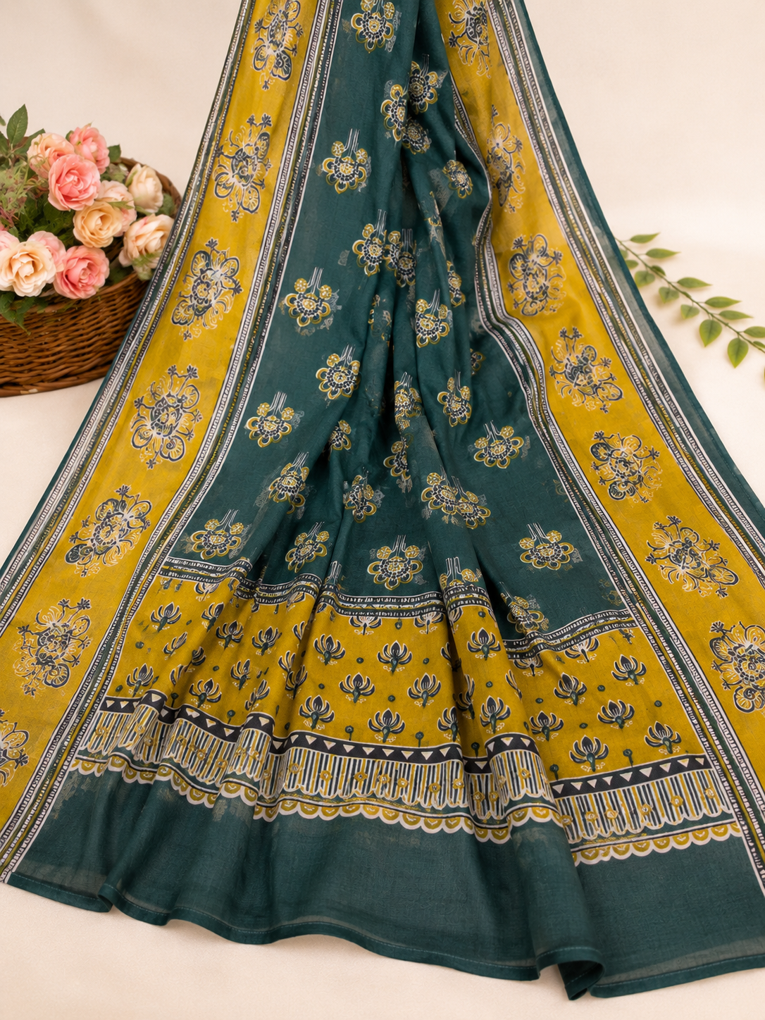 Elegant Teal Green & Mustard Cotton Unstitched Suit Set with Ethnic Floral Print - Image 2