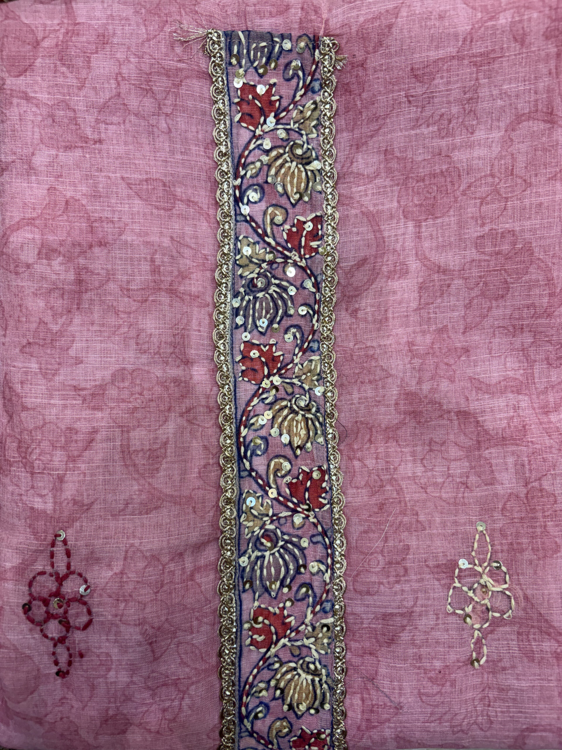 Elegant Blush Pink Floral Print Linen-Cotton Suit Set - Image 6