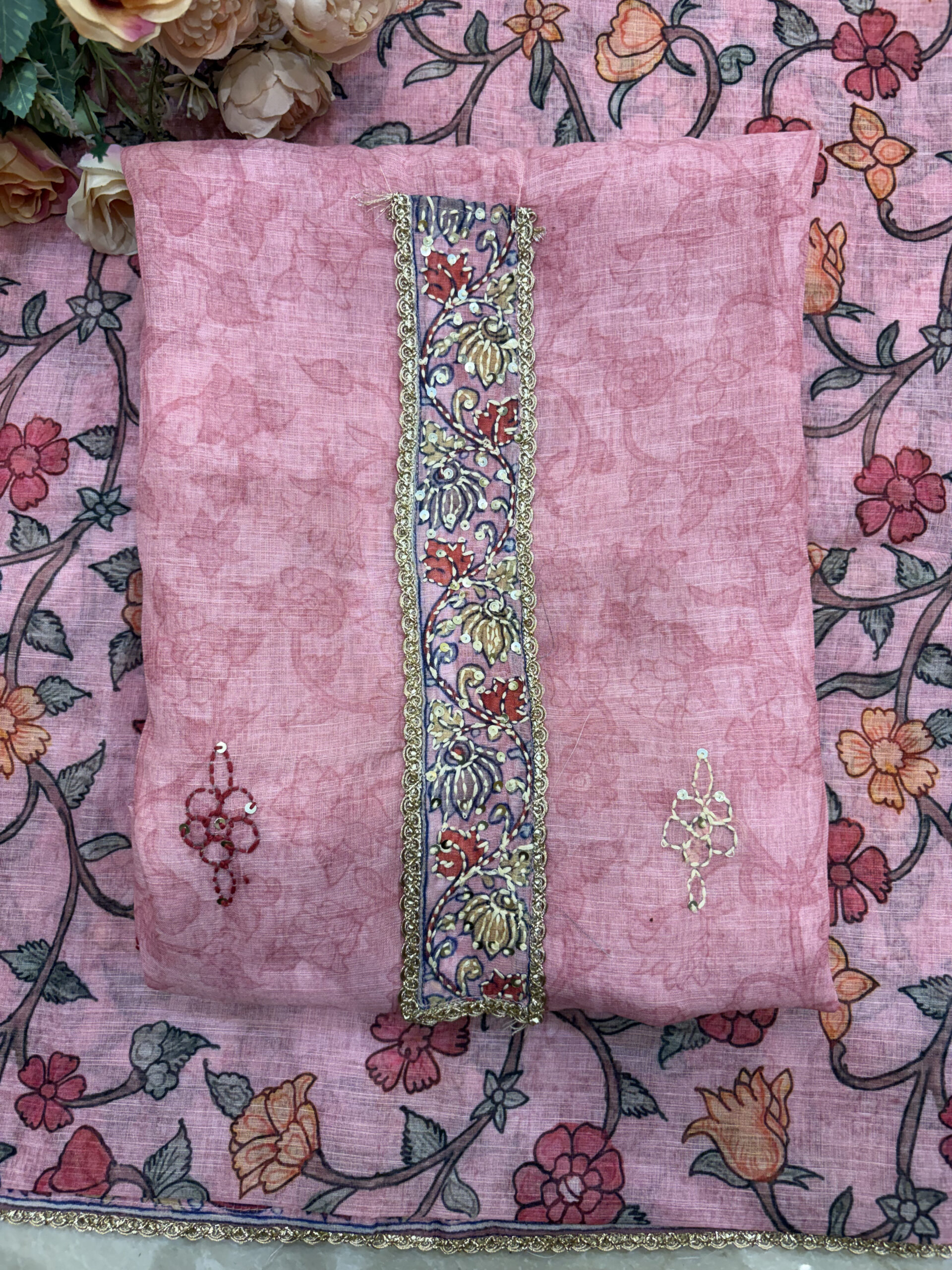 Elegant Blush Pink Floral Print Linen-Cotton Suit Set