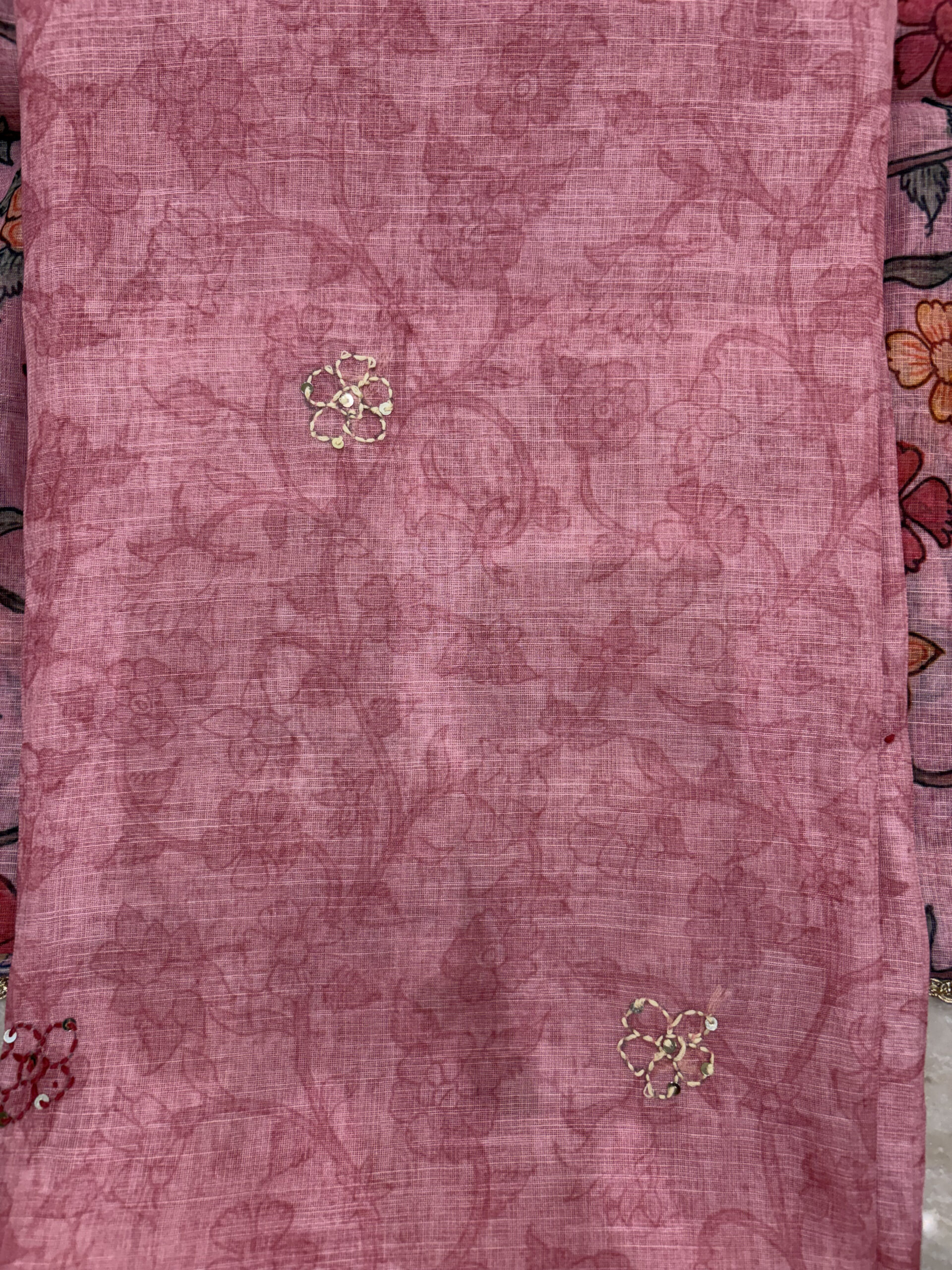 Elegant Blush Pink Floral Print Linen-Cotton Suit Set - Image 3