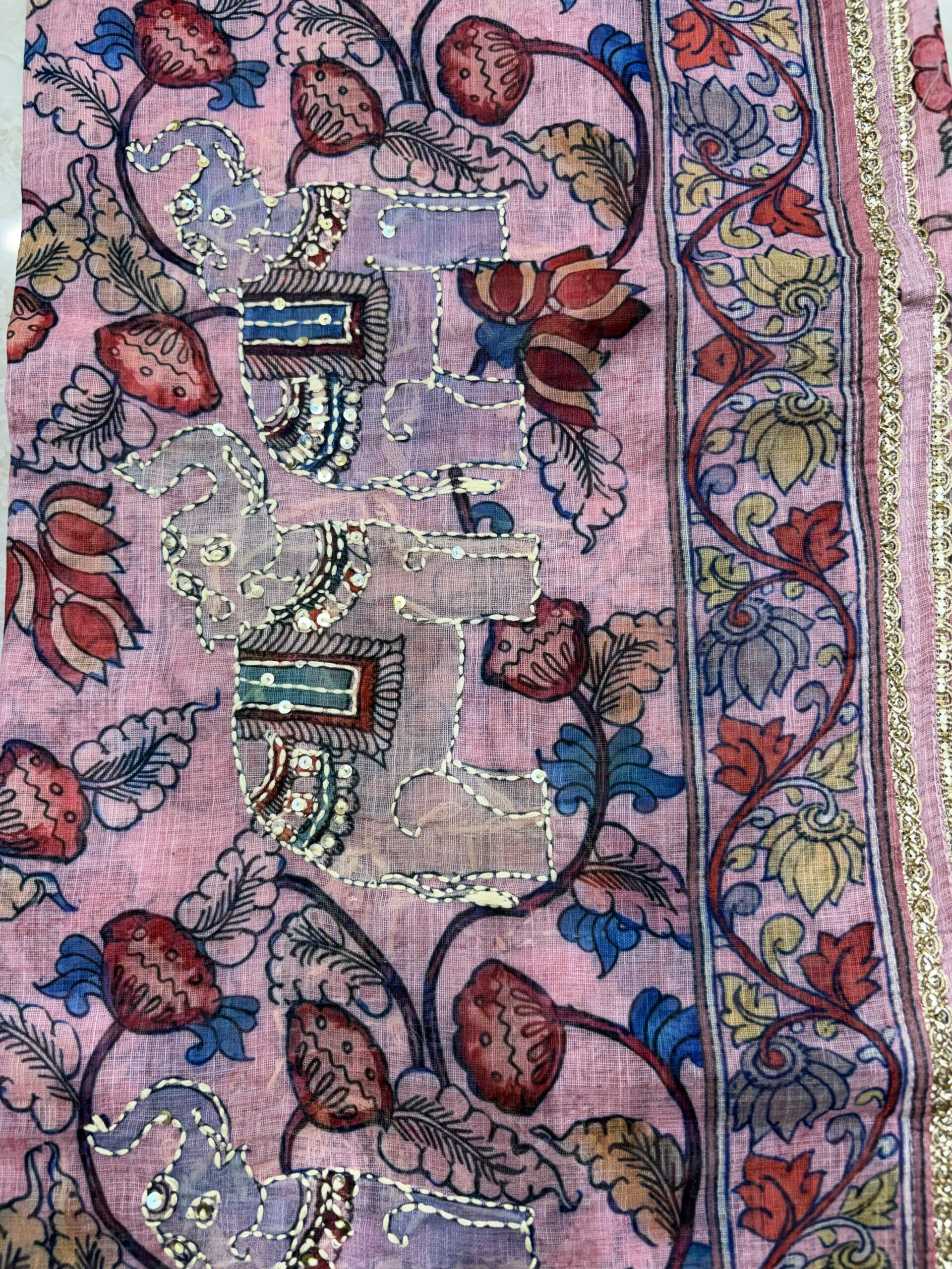 Elegant Blush Pink Floral Print Linen-Cotton Suit Set - Image 2