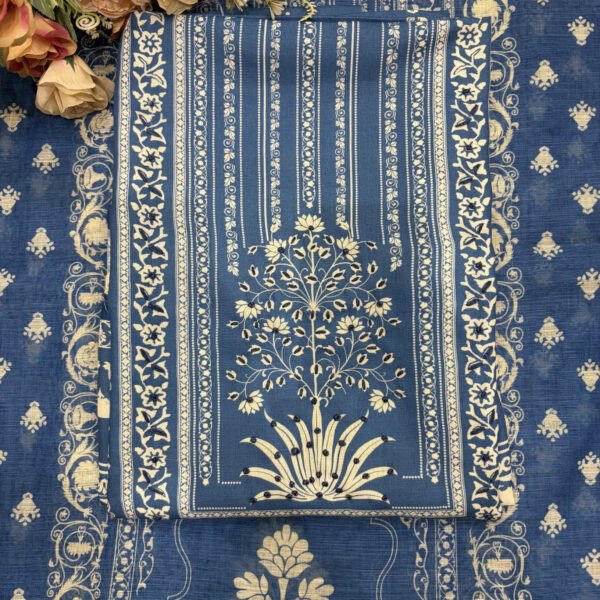 Indigo Blue Linen-Cotton Suit Set with Mughal Tree of Life Embroidery