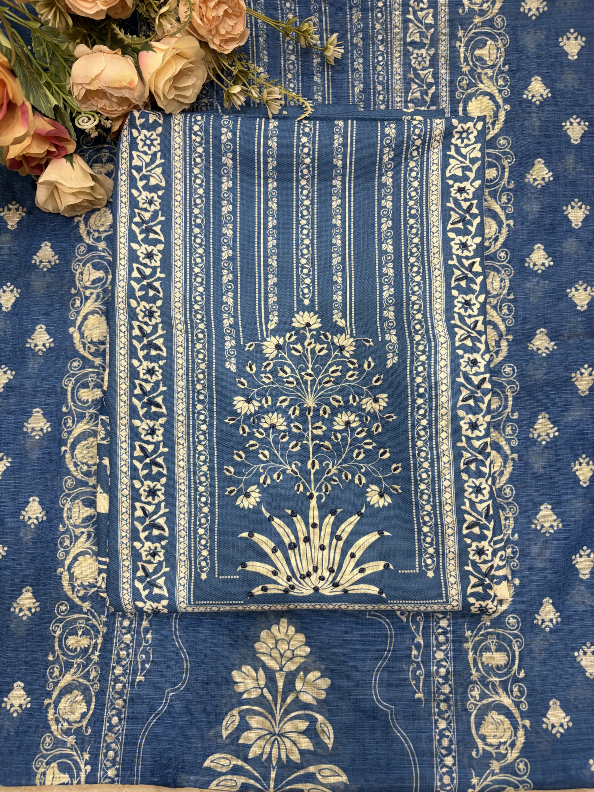 Indigo Blue Linen-Cotton Suit Set with Mughal Tree of Life Embroidery