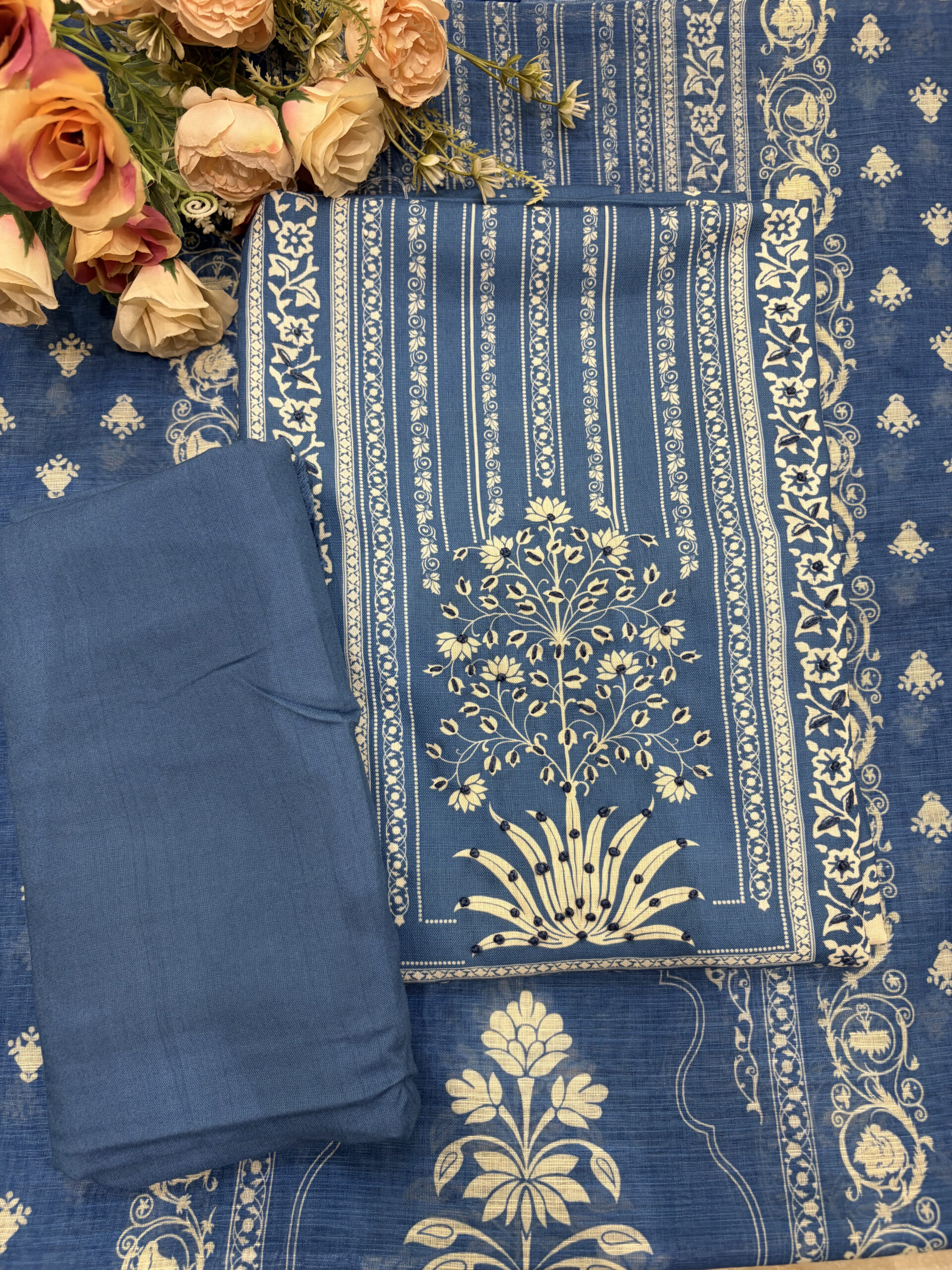 Indigo Blue Linen-Cotton Suit Set with Mughal Tree of Life Embroidery - Image 2