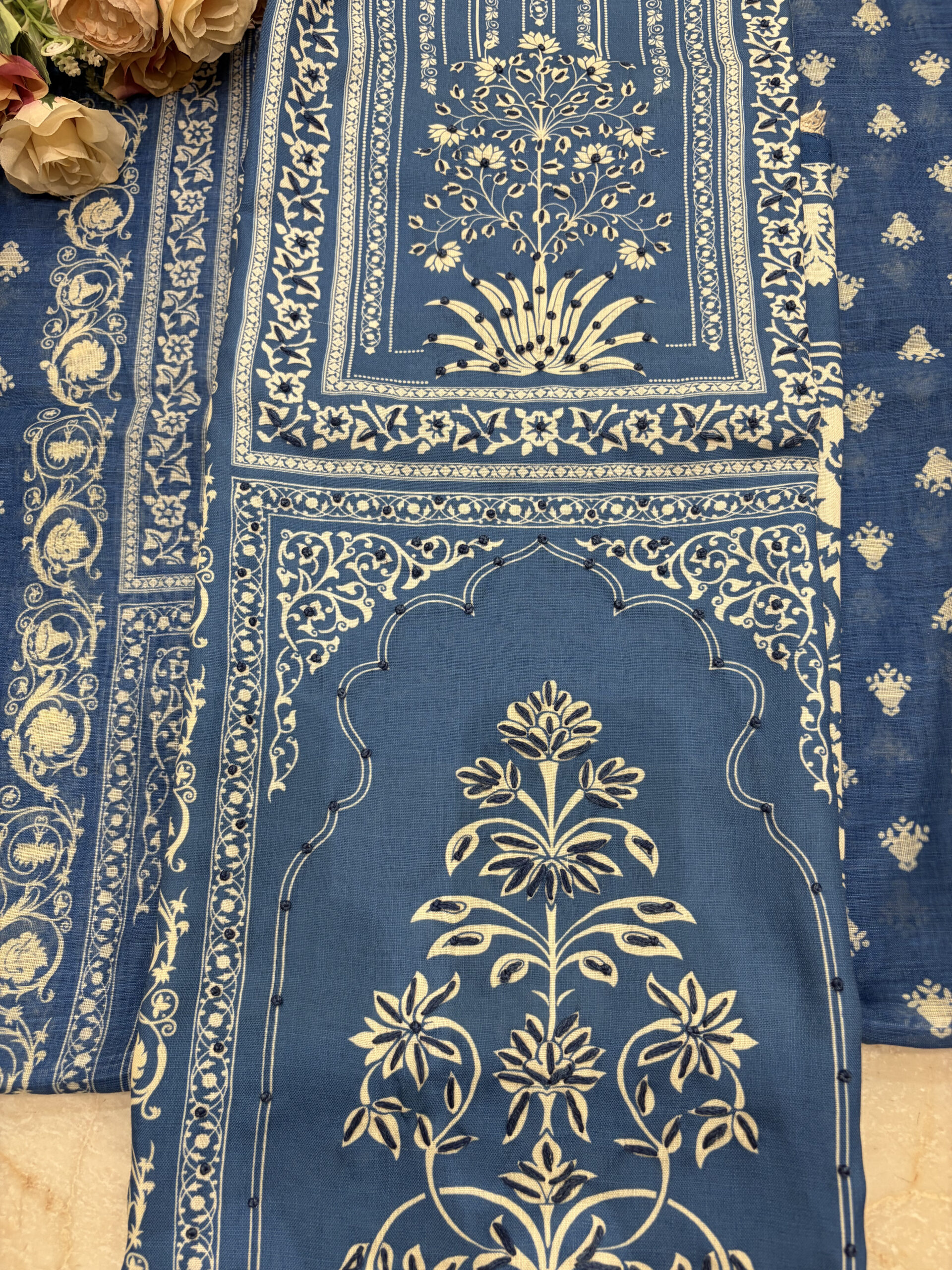 Indigo Blue Linen-Cotton Suit Set with Mughal Tree of Life Embroidery - Image 3