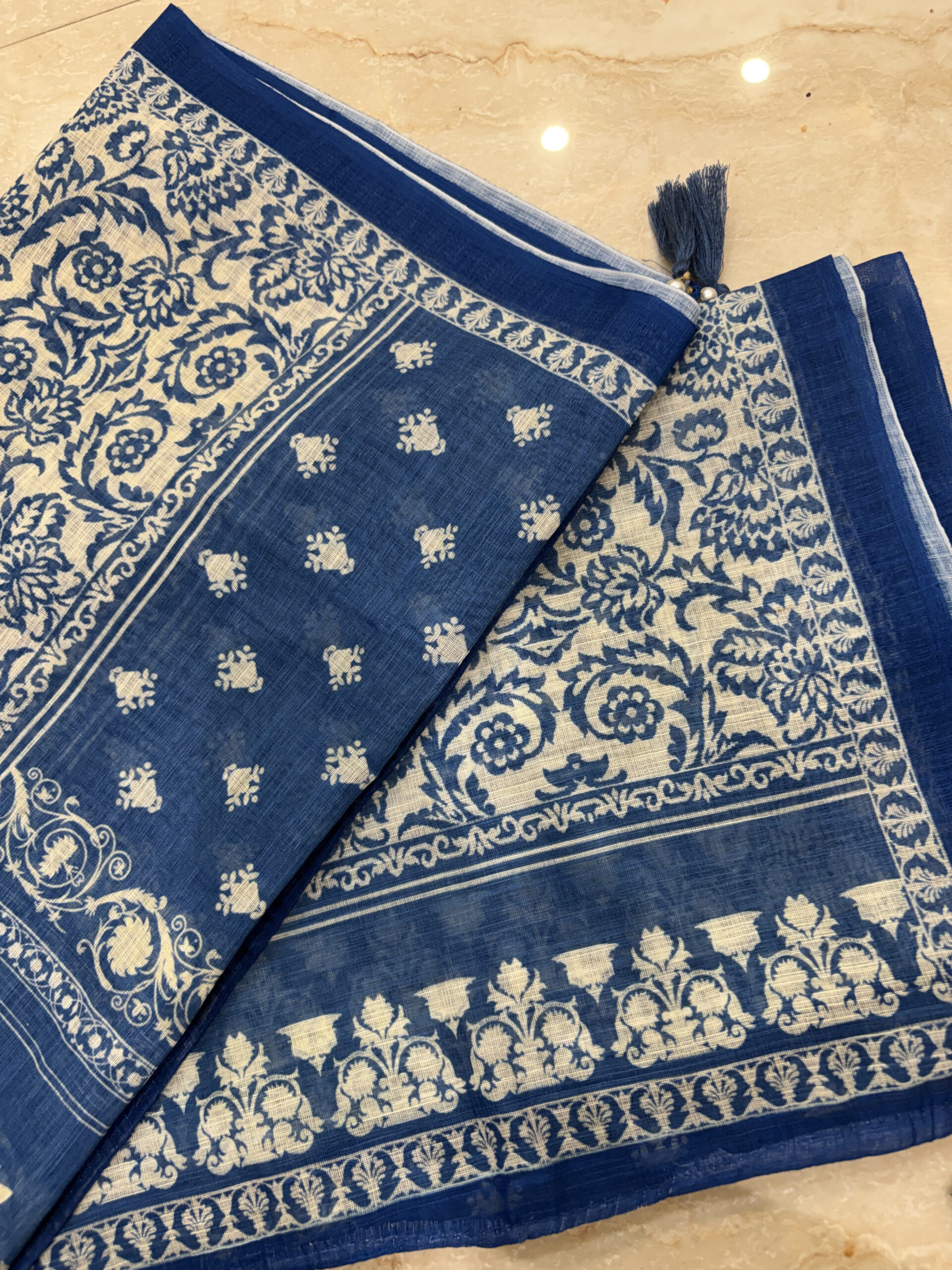 Indigo Blue Linen-Cotton Suit Set with Mughal Tree of Life Embroidery - Image 4