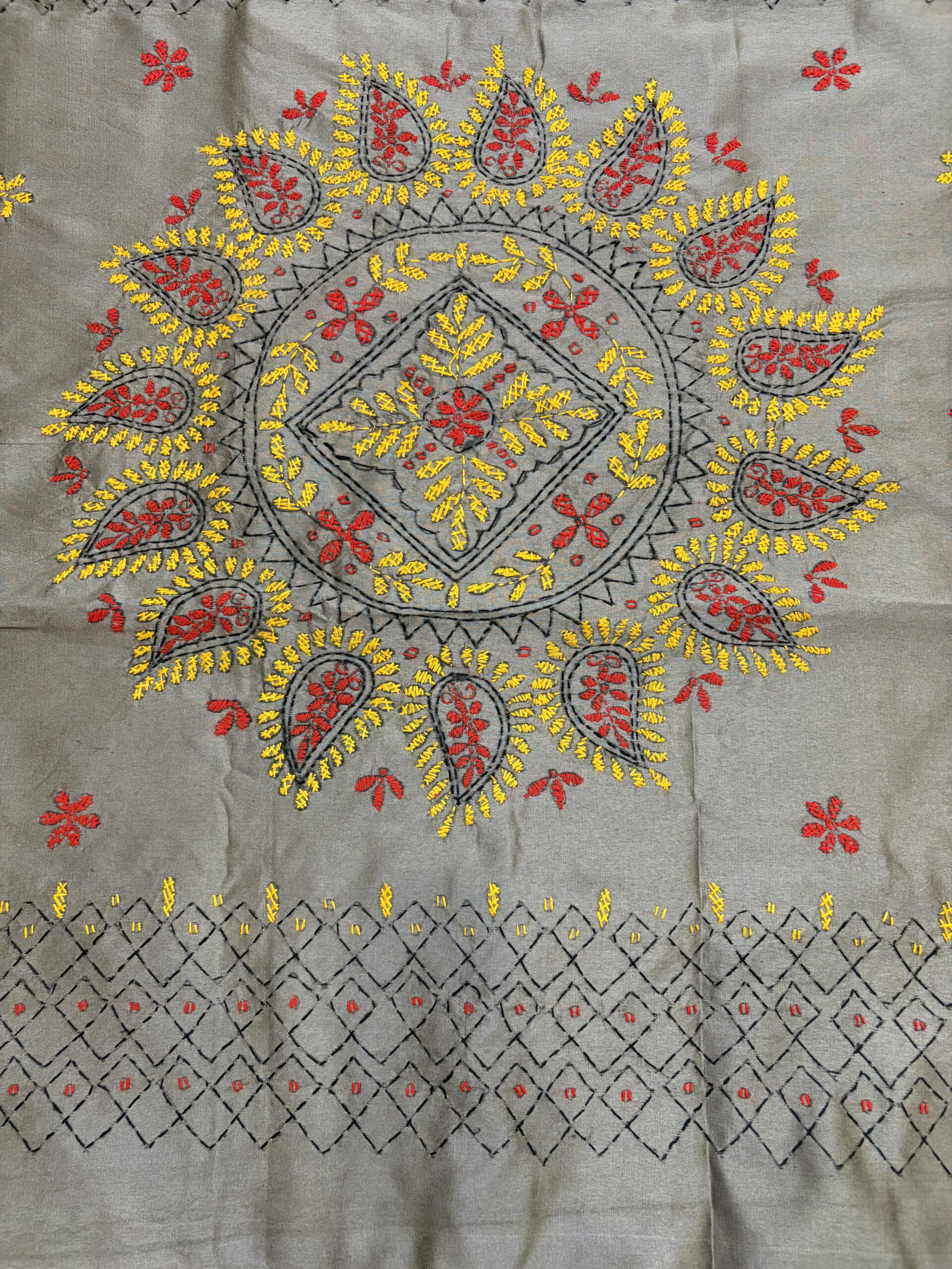 Brownish Grey Bengal Kantha Hand Embroidered Assam Silk Saree - Image 4