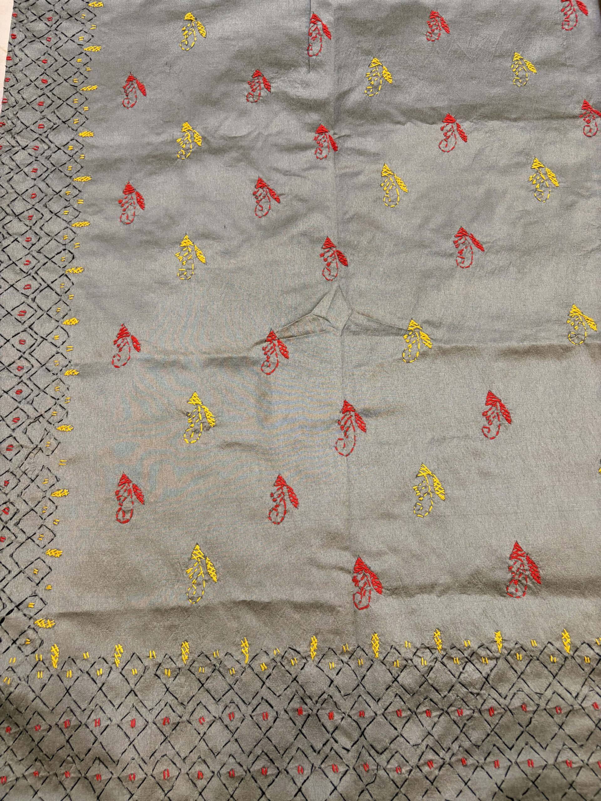 Brownish Grey Bengal Kantha Hand Embroidered Assam Silk Saree - Image 3