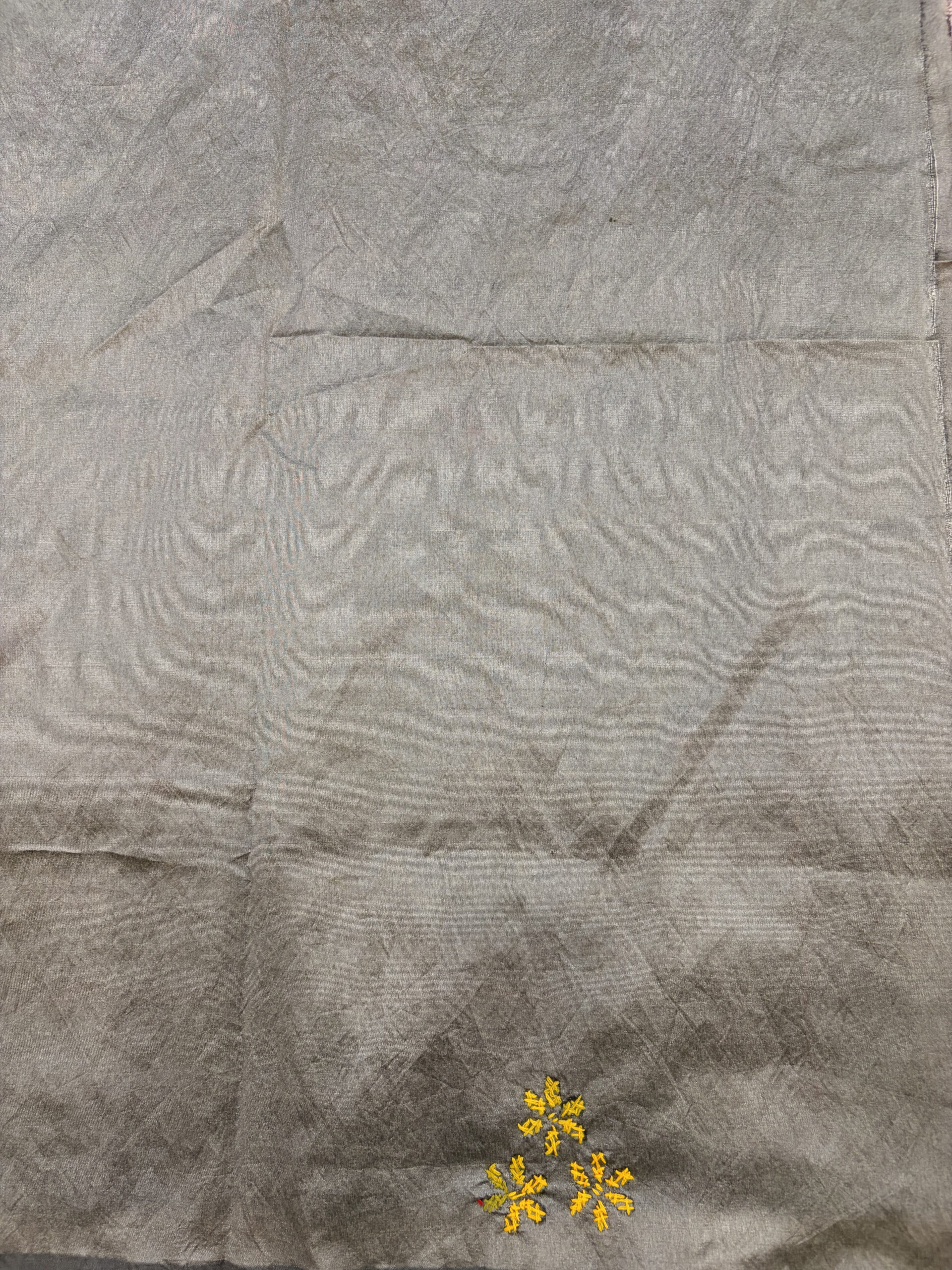 Brownish Grey Bengal Kantha Hand Embroidered Assam Silk Saree - Image 2