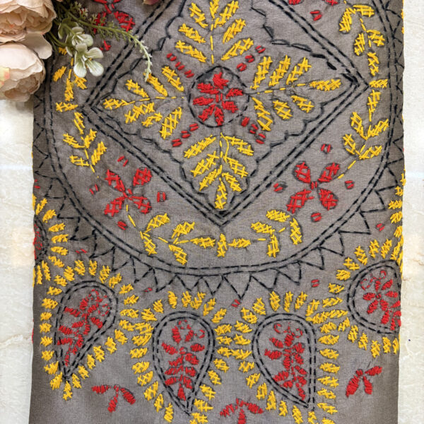 Brownish Grey Bengal Kantha Hand Embroidered Assam Silk Saree