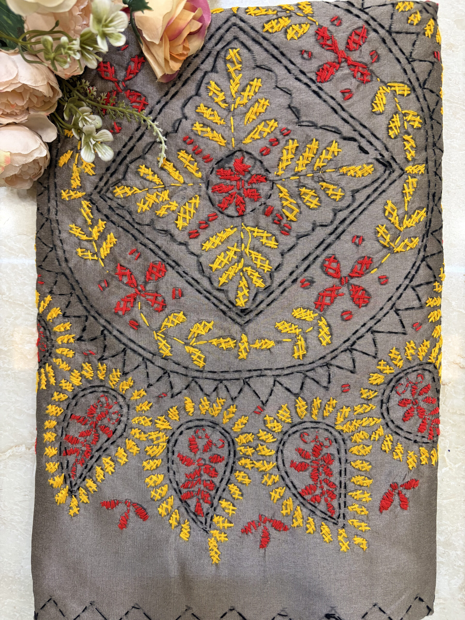 Brownish Grey Bengal Kantha Hand Embroidered Assam Silk Saree