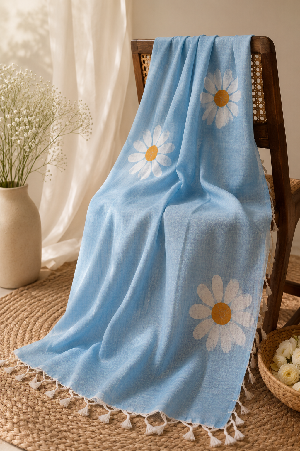 Sky Blue Khadi Cotton Saree with Daisy Block Prints - Image 3