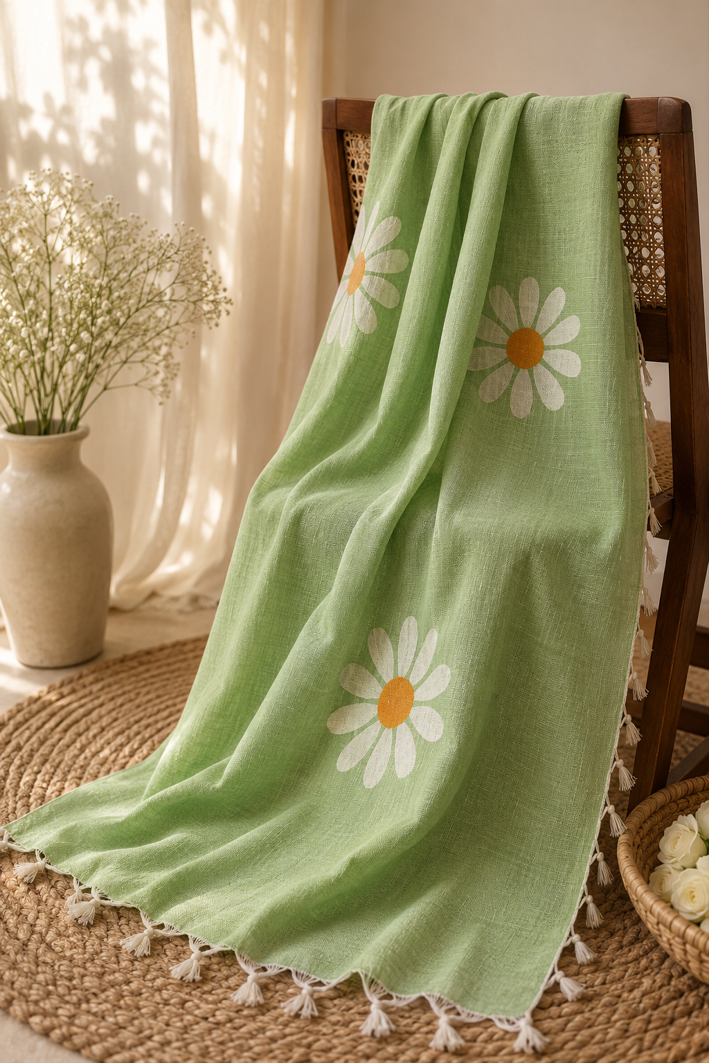 Pastel Mint Green Khadi Cotton Saree with Daisy Block Prints - Image 2