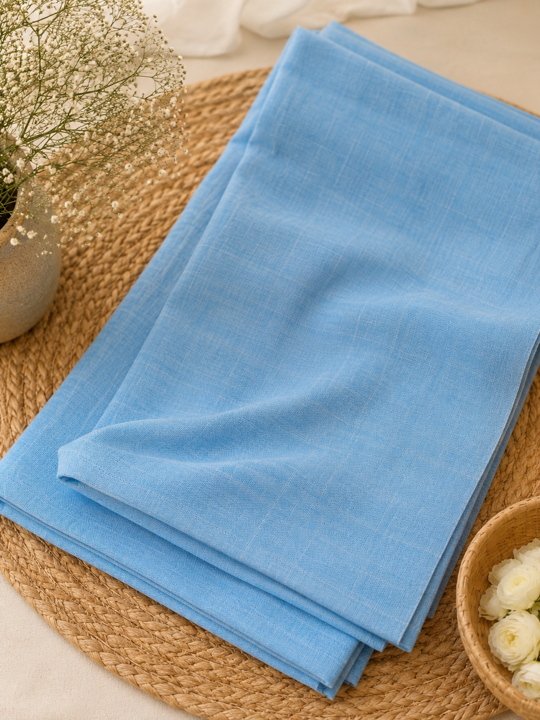 Sky Blue Khadi Cotton Saree with Daisy Block Prints - Image 5