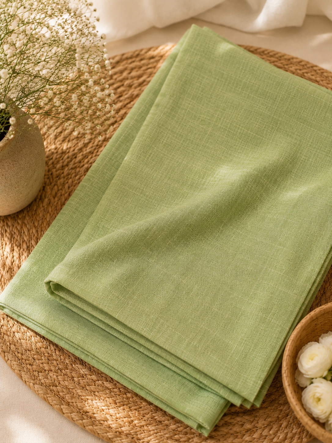 Pastel Mint Green Khadi Cotton Saree with Daisy Block Prints - Image 4