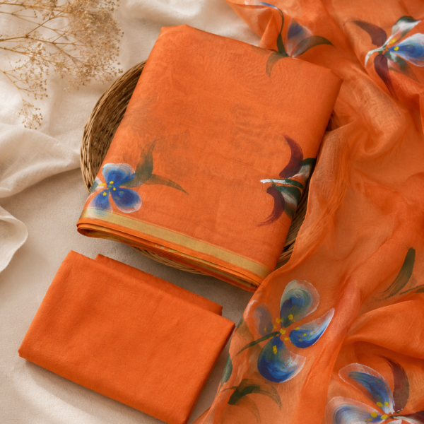 Orange Floral Handbrush Chanderi Silk Suit Set