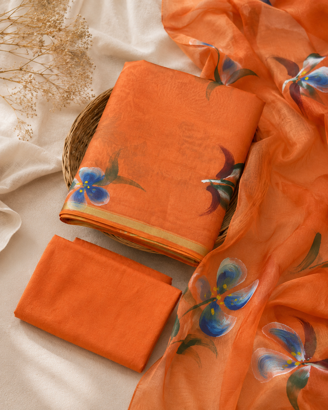 Orange Floral Handbrush Chanderi Silk Suit Set