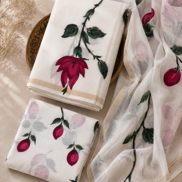 White Floral Handbrush Chanderi Silk Suit Set