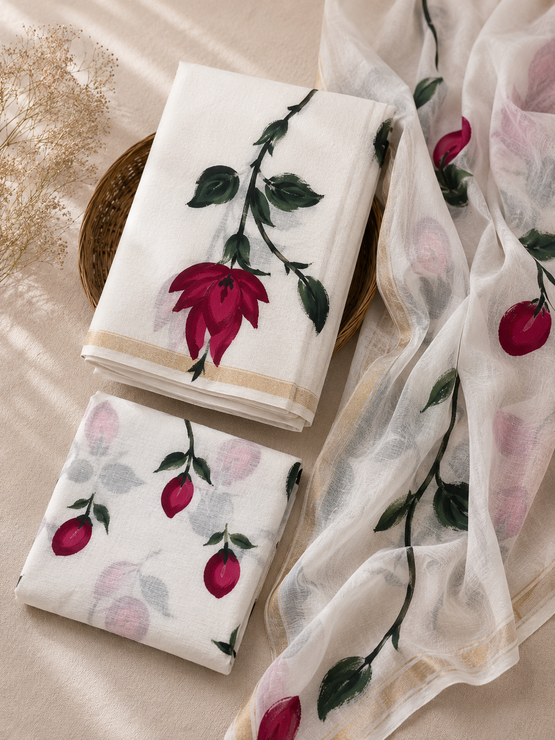 White Floral Handbrush Chanderi Silk Suit Set