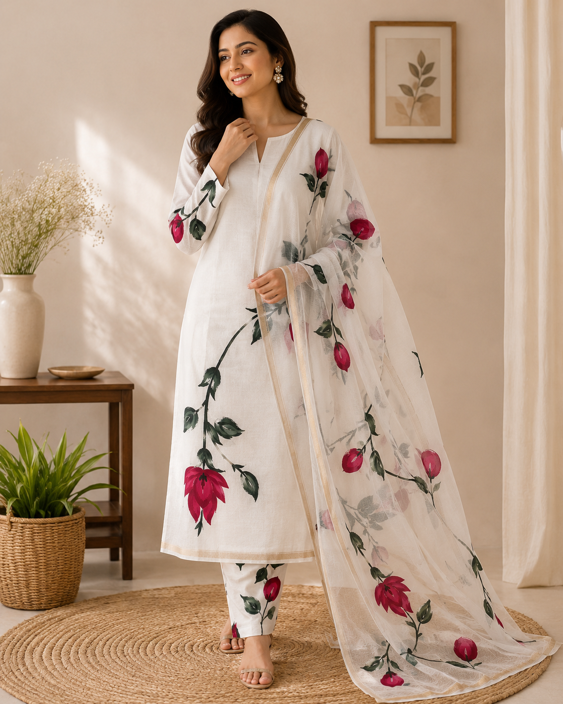 White Floral Handbrush Chanderi Silk Suit Set - Image 2