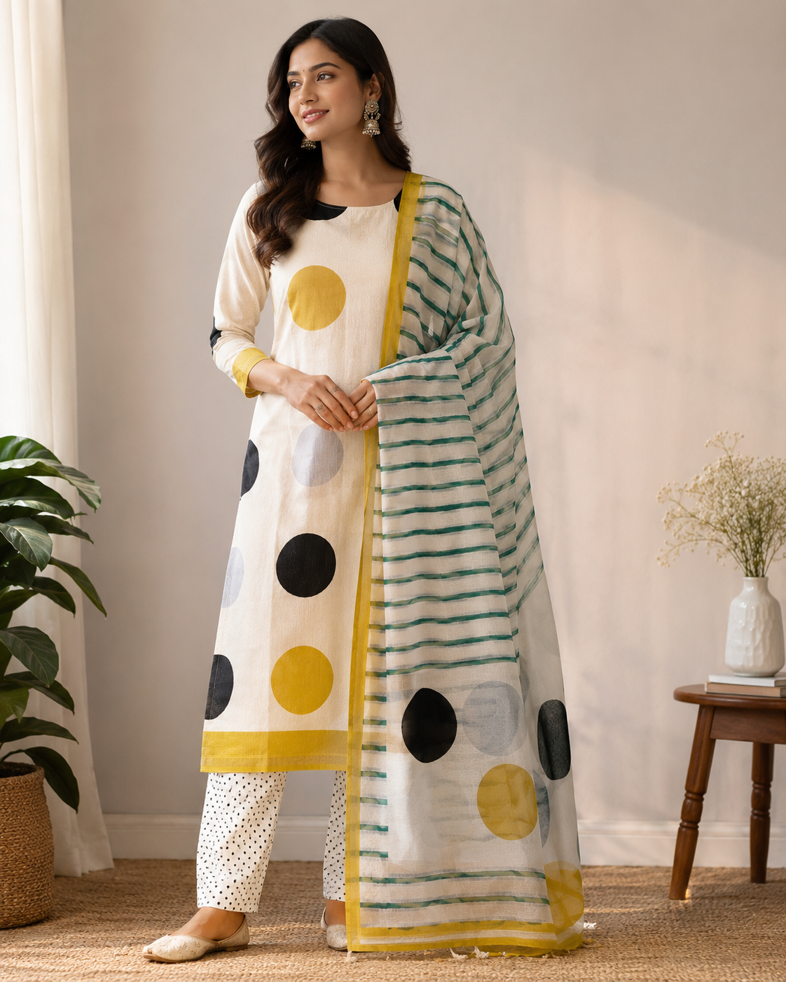 Big Polka Digital Print Designer Chanderi Silk Suit Set - Image 3
