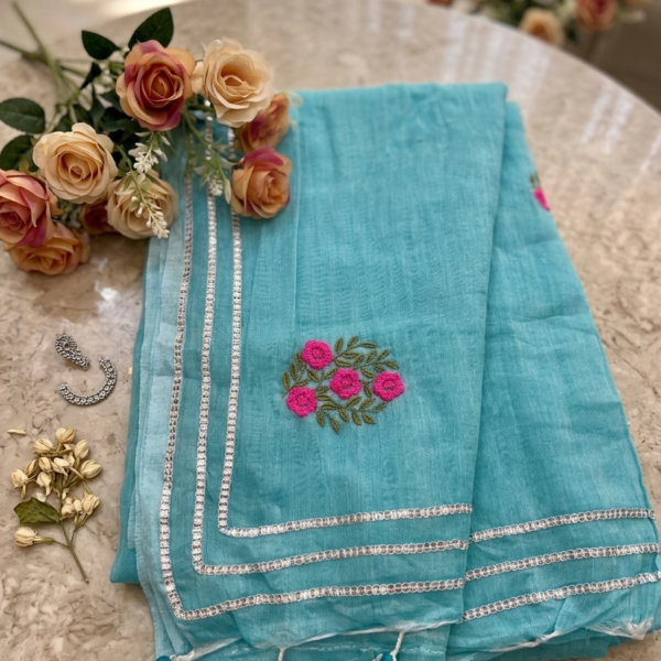 Aqua Mul Cotton Saree with Handcrafted Floral Bootas