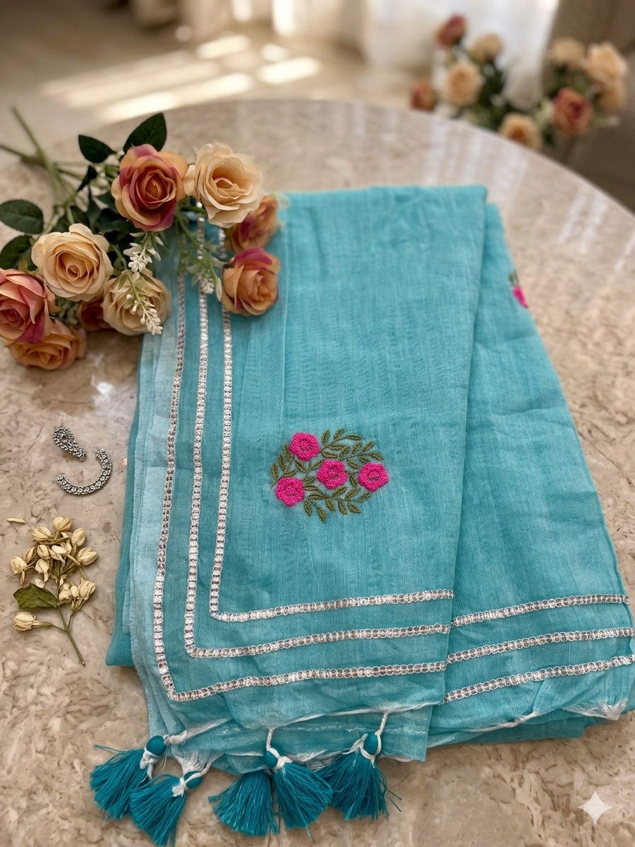 Aqua Mul Cotton Saree with Handcrafted Floral Bootas