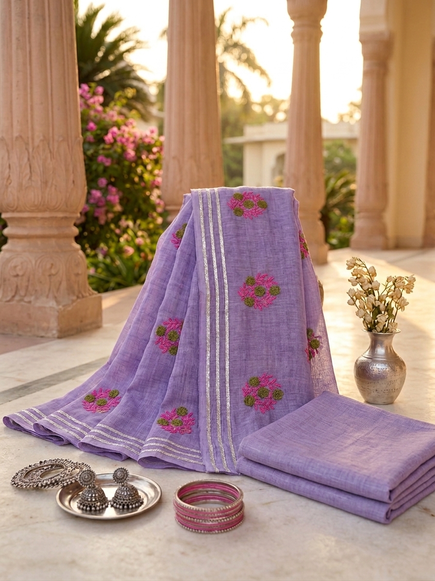 Lavender Mul Cotton Saree with Handcrafted Floral Bootas - Image 5