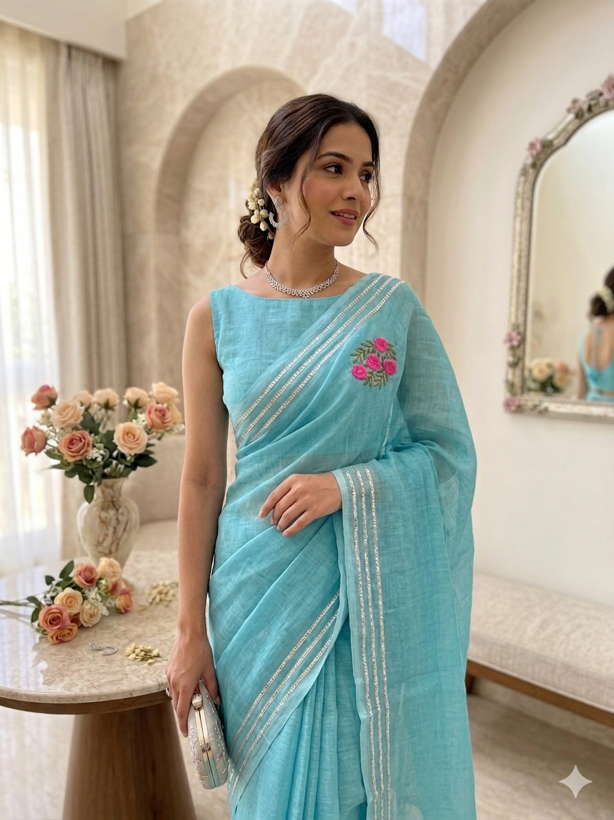 Aqua Mul Cotton Saree with Handcrafted Floral Bootas - Image 3