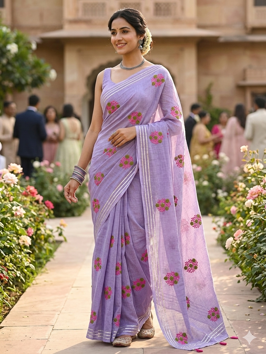 Lavender Mul Cotton Saree with Handcrafted Floral Bootas - Image 4
