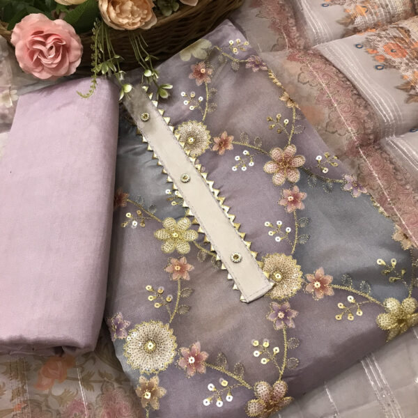 Lavender Jaal Work Organza Party Wear Unstitched Suit Set