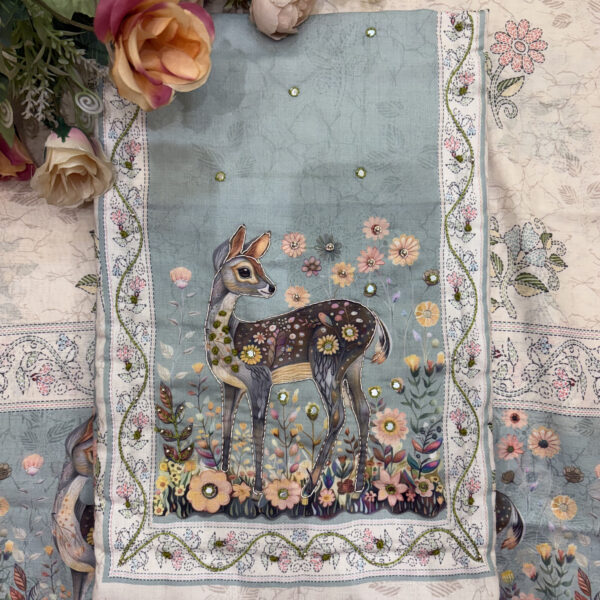 Powder Blue Handwork Floral Print Unstitched Suit Set