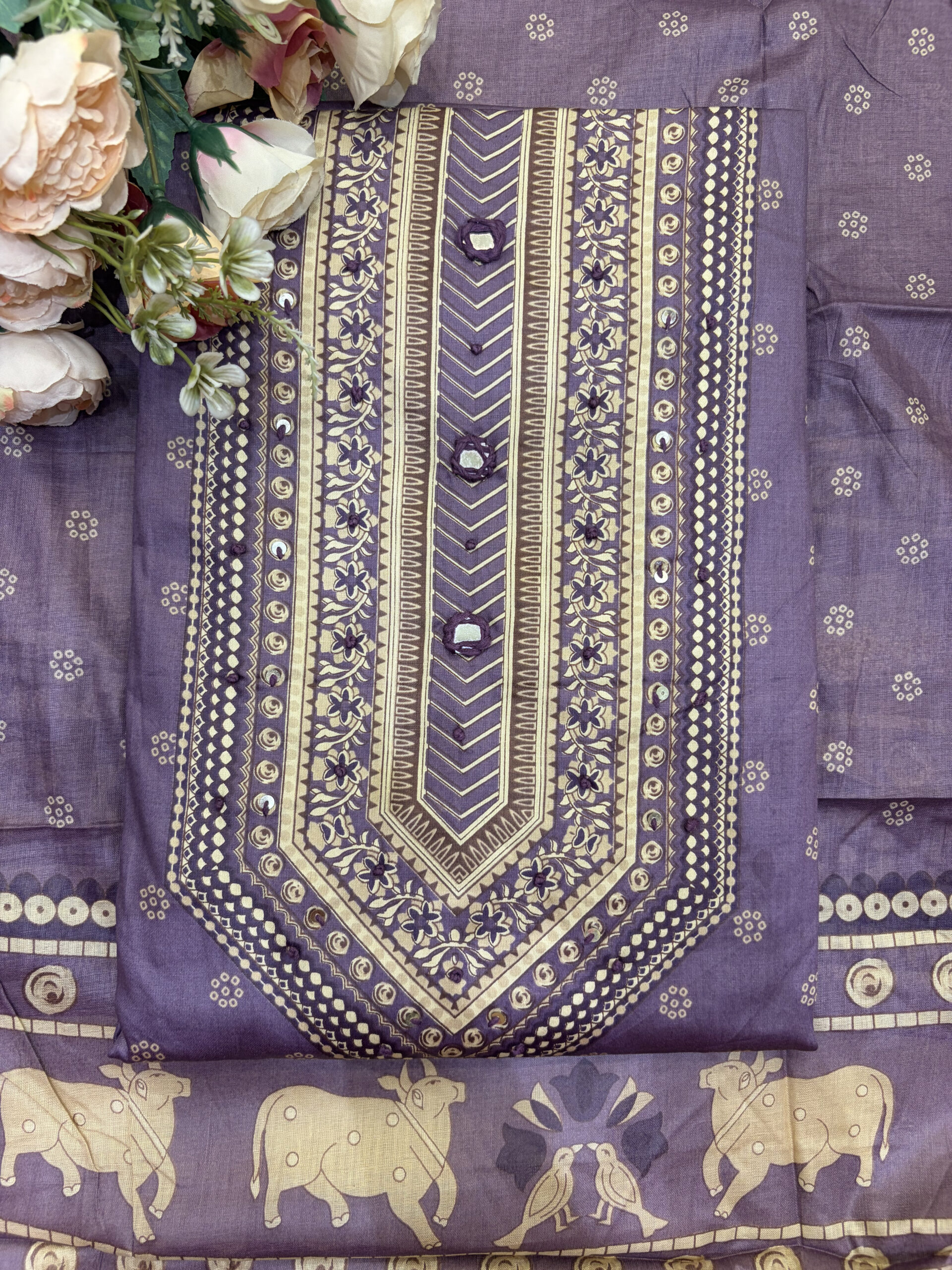 Royal Mauve Pichwai Motif Slub Silk Unstitched Suit Set
