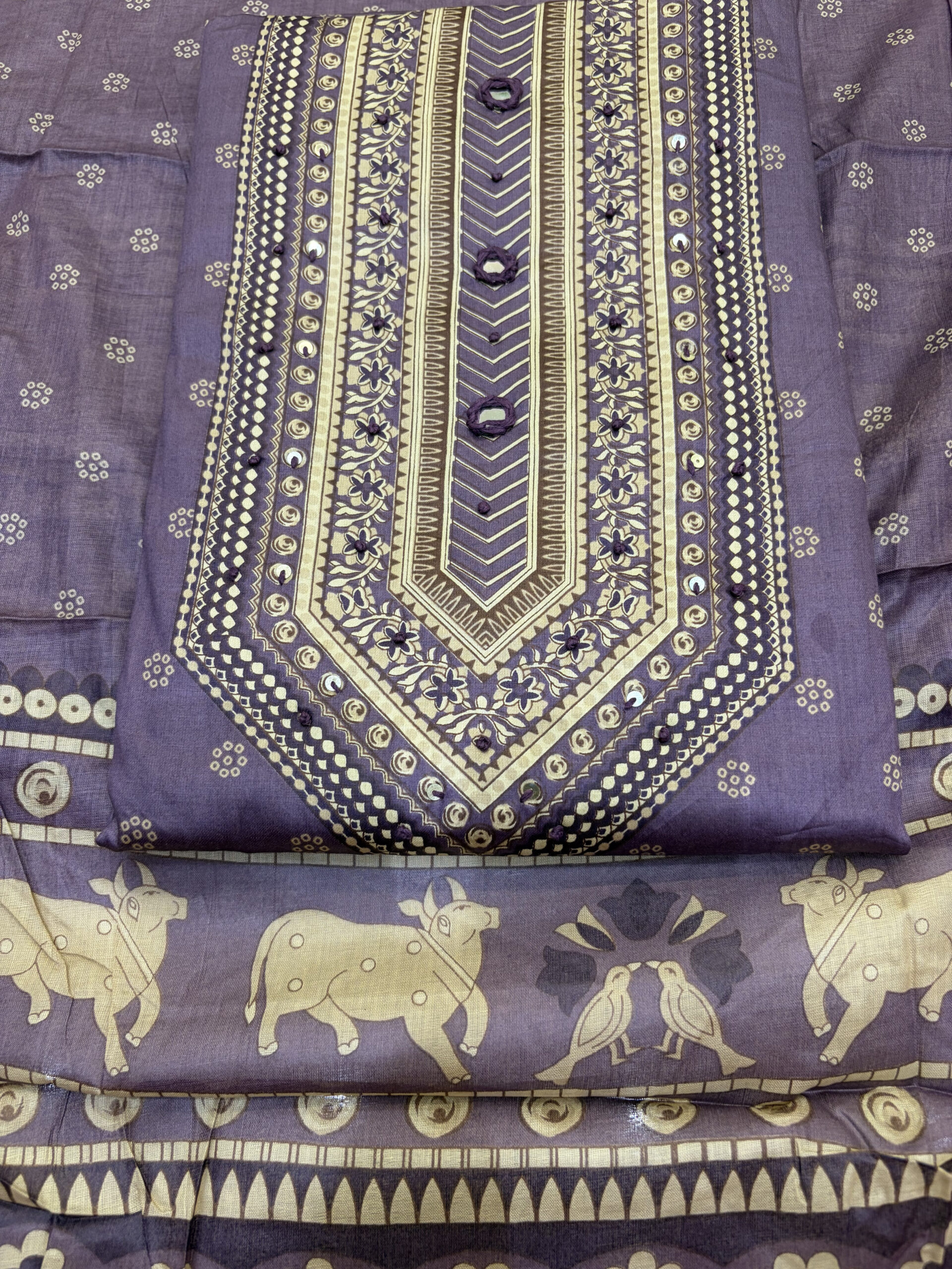 Royal Mauve Pichwai Motif Slub Silk Unstitched Suit Set - Image 2